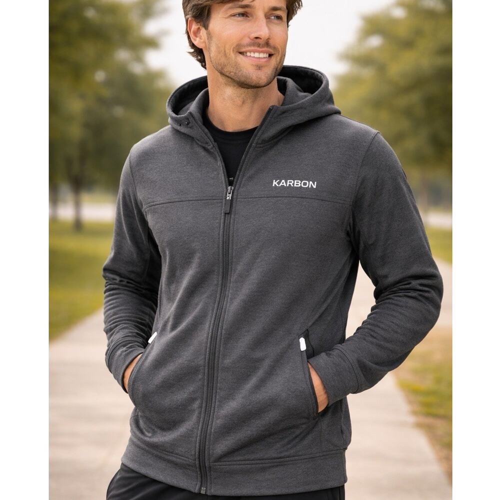 Karbon Mens Medium Gray Full Zip Hoodie Performance Jacket Athletic
